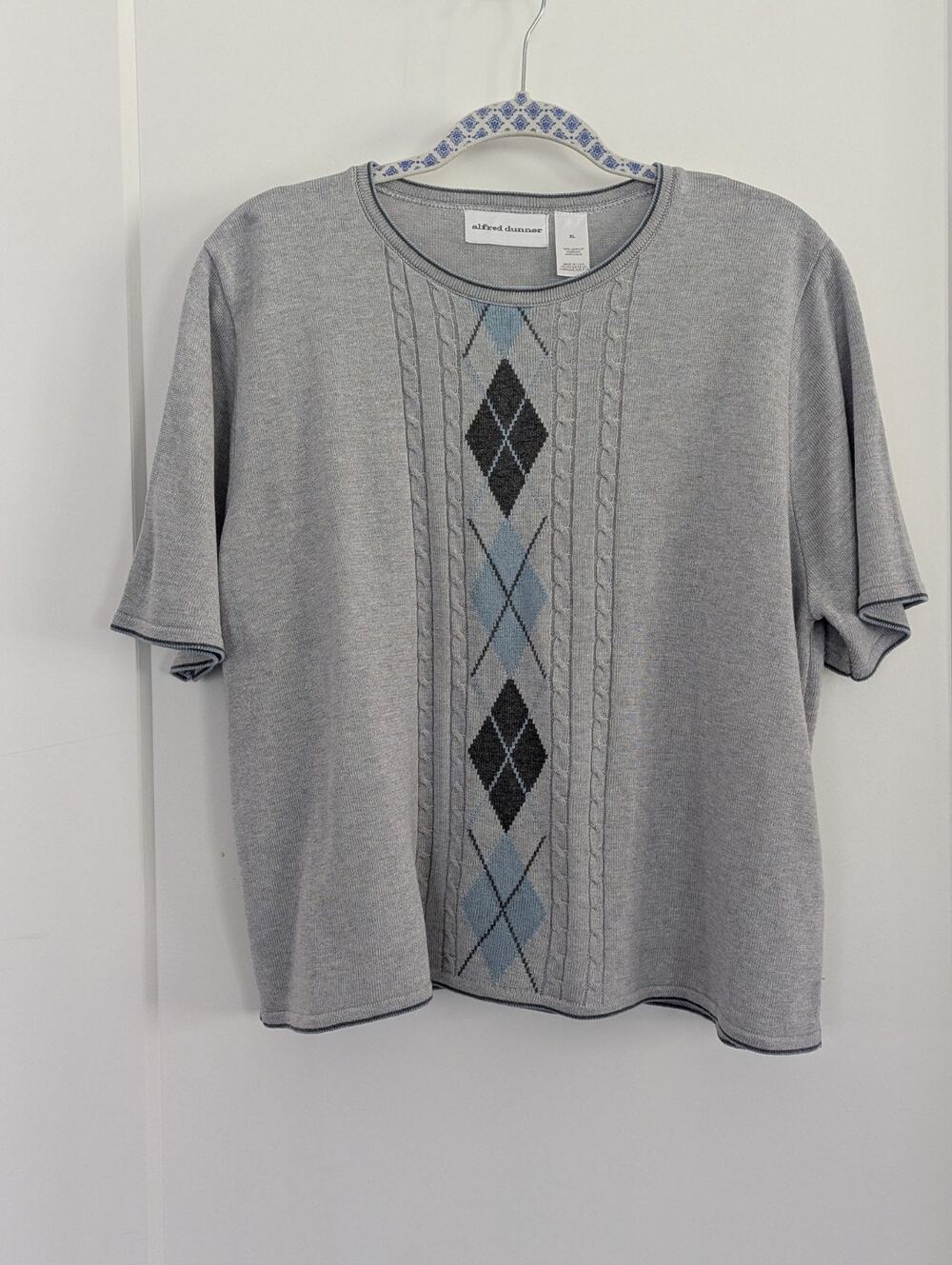 Alfred Dunner XL Gray Argyle Short Sleeve Sweater USA Made Preppy EUC